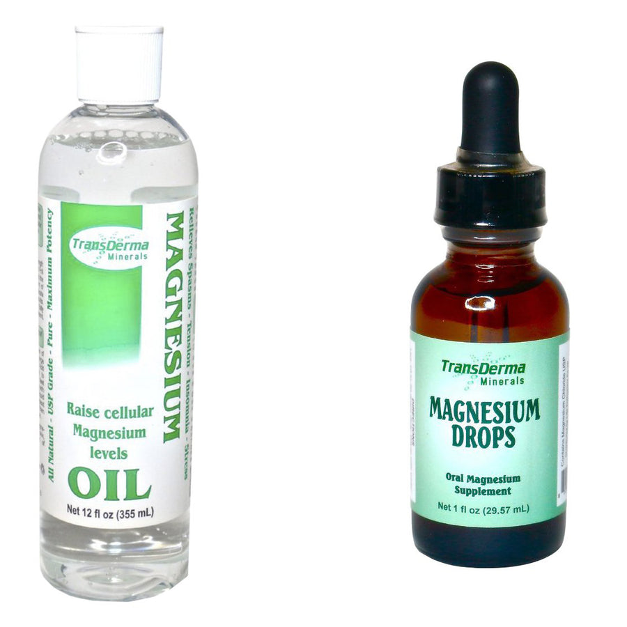 The Ultimate Rejuvenating Bundle: 1 oz. Magnesium Drops + 12 oz. Magnesium Oil (Regular or Aloe Vera)<br>TransDerma Minerals