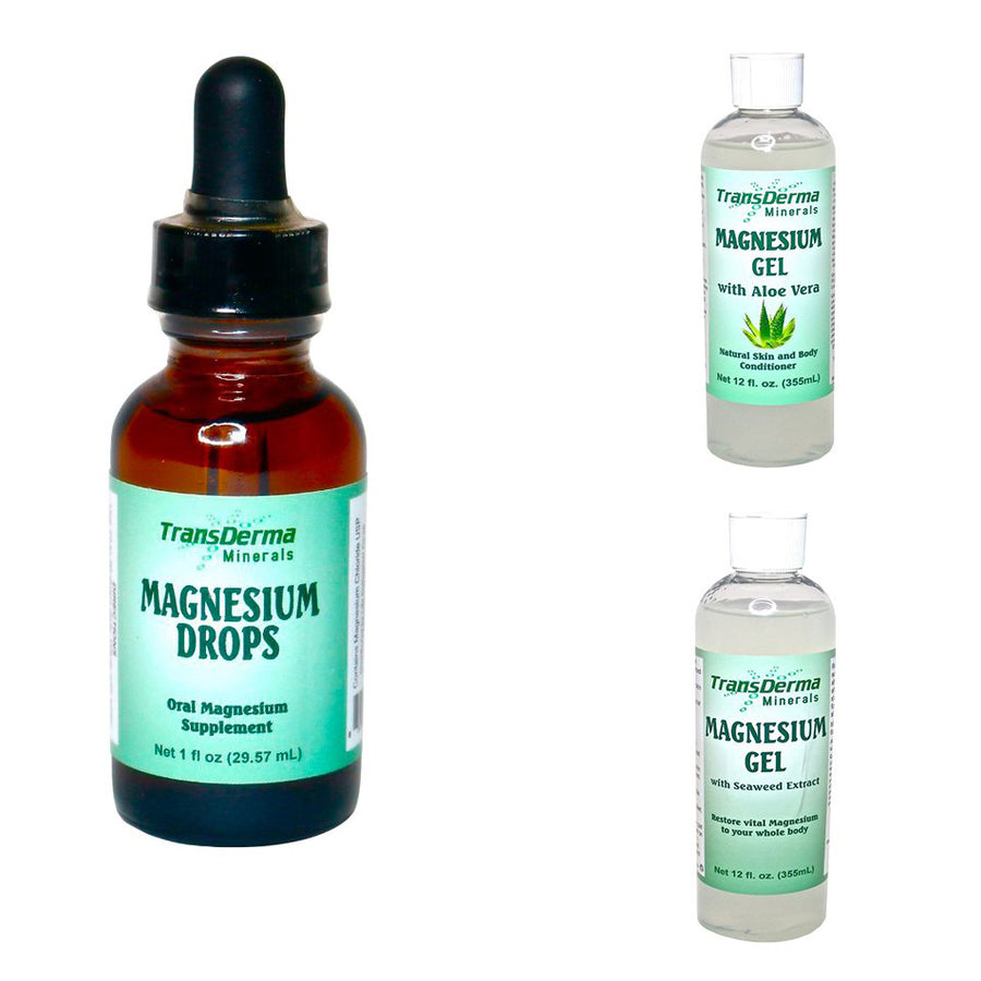 The Ultimate Relaxation Bundle: 1 oz. Magnesium Drops + 12 oz. Magnesium Gel (Regular or with Aloe Vera)<br>TransDerma Minerals